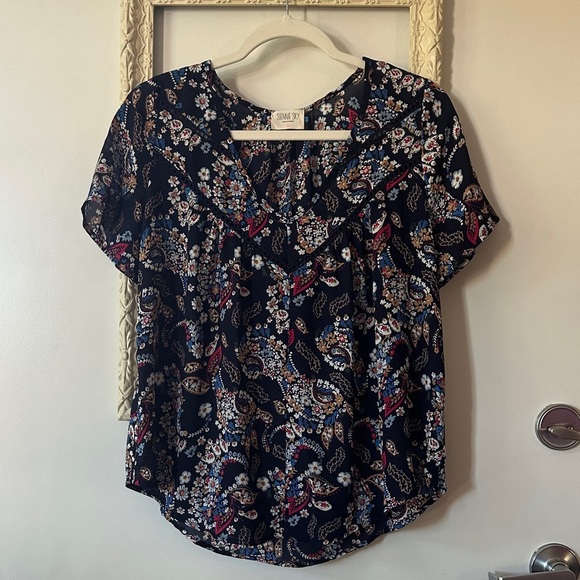 SIENNA SKY | Boho Multicolor Paisley Floral Women's Short Sleeve Blouse - Picture 2 of 14
